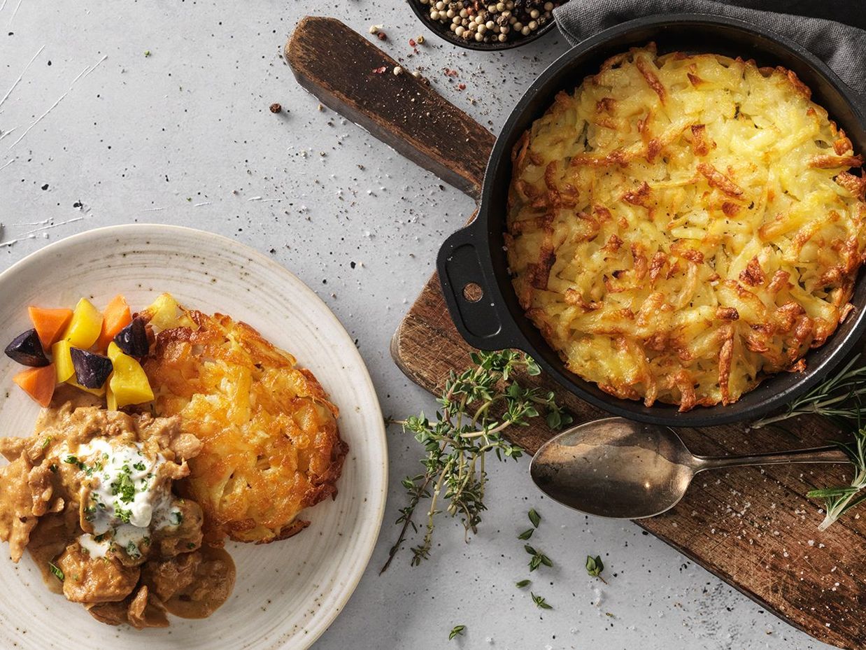 Züri Gschnätzlets (vegetarisch) mit Rösti und Karotten