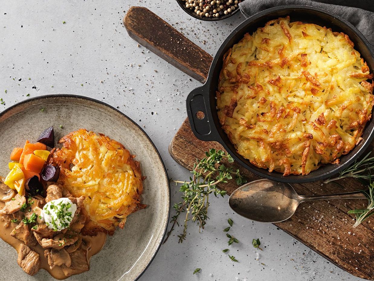 Züri Gschnätzlets mit Rösti und glasierten Karotten