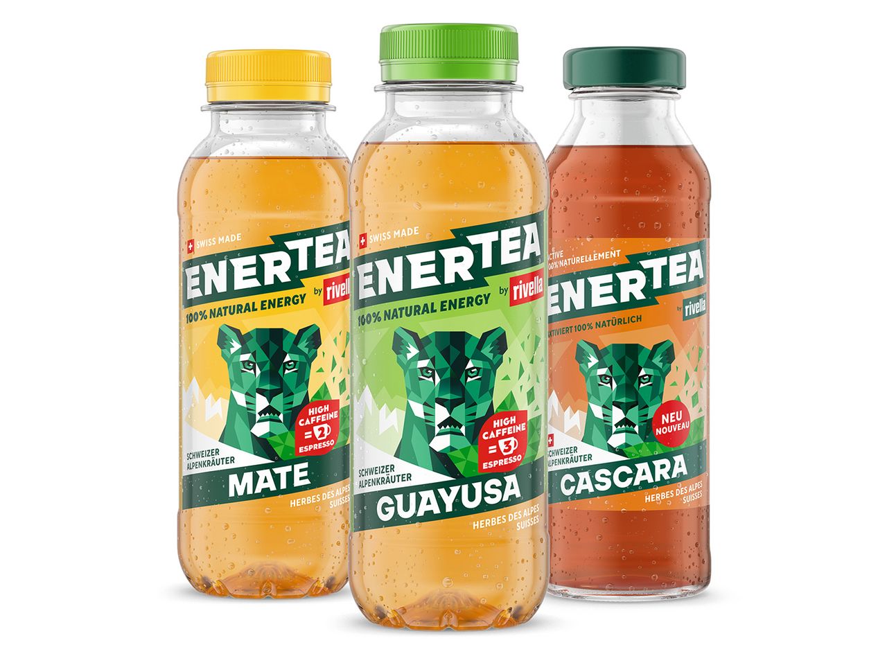 Enertea by Rivella gibt es in den Sorten Mate, Guayusa und Cascara.