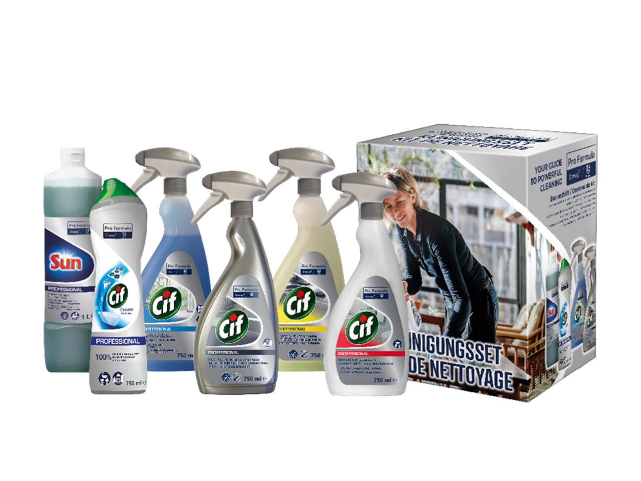 Unsere im Paket enthaltenen Produkte für die Küche sind unser Cif Professional Edelstahl & Glas Reiniger, Cif Professional Fettlöser und Sun Professional Handgeschirrspülmittel.