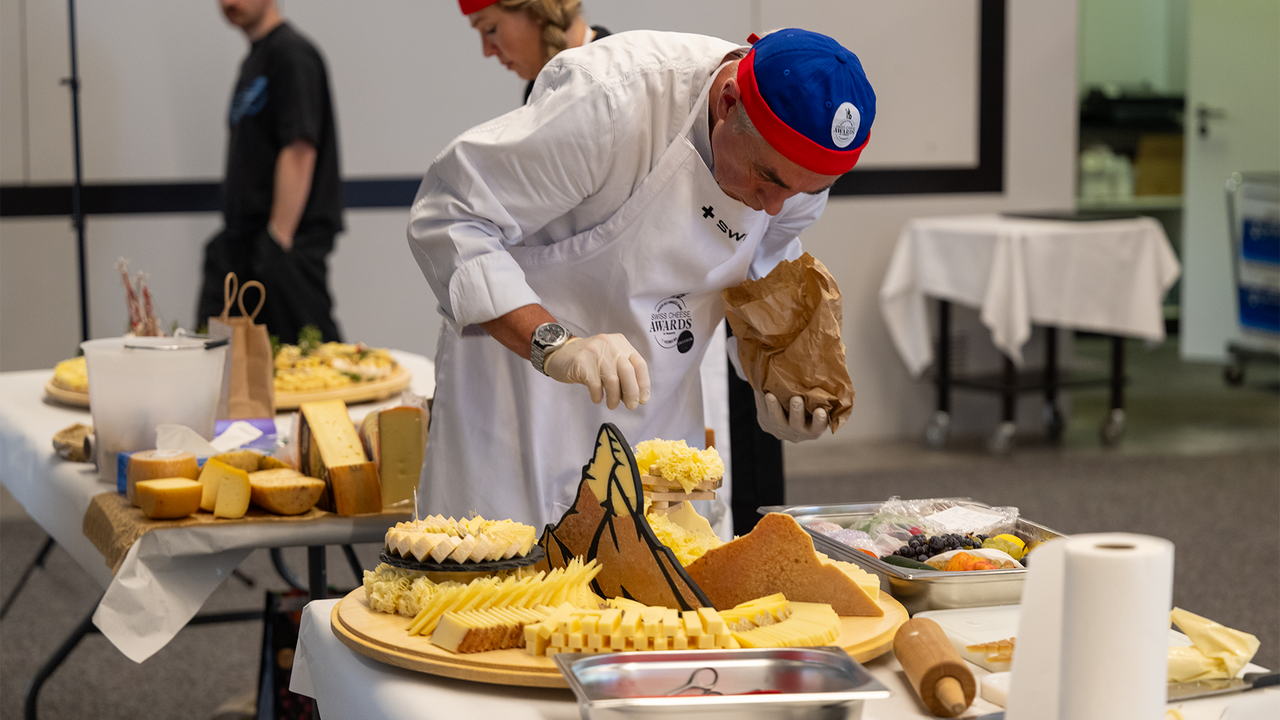 Ein Juror der Swiss Cheese Awards richtet eine Käseplatte mit verschiedenen Käsesorten an.